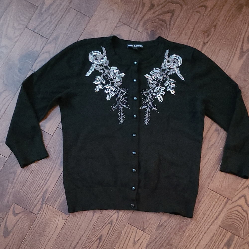 Cable & Gauge Black Cardigan with Silver Beads 3/4 Sleeve Size S